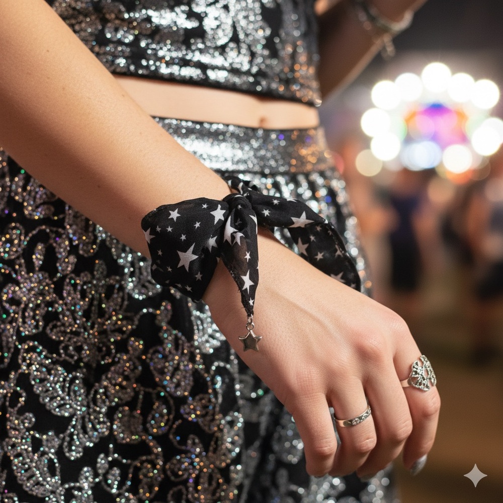 Black and Silver Star Festival Bracelet Bohemian Chunky Bandanna Style Bracelet